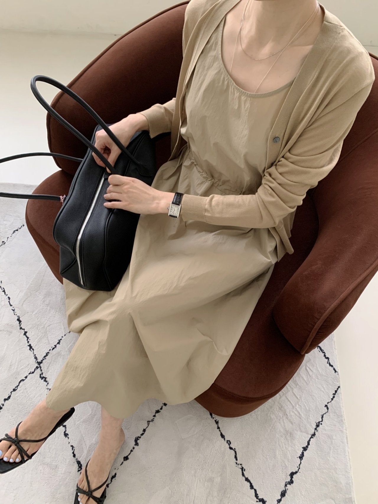 Crisp Texture Long Dress & Matching Cardigan set