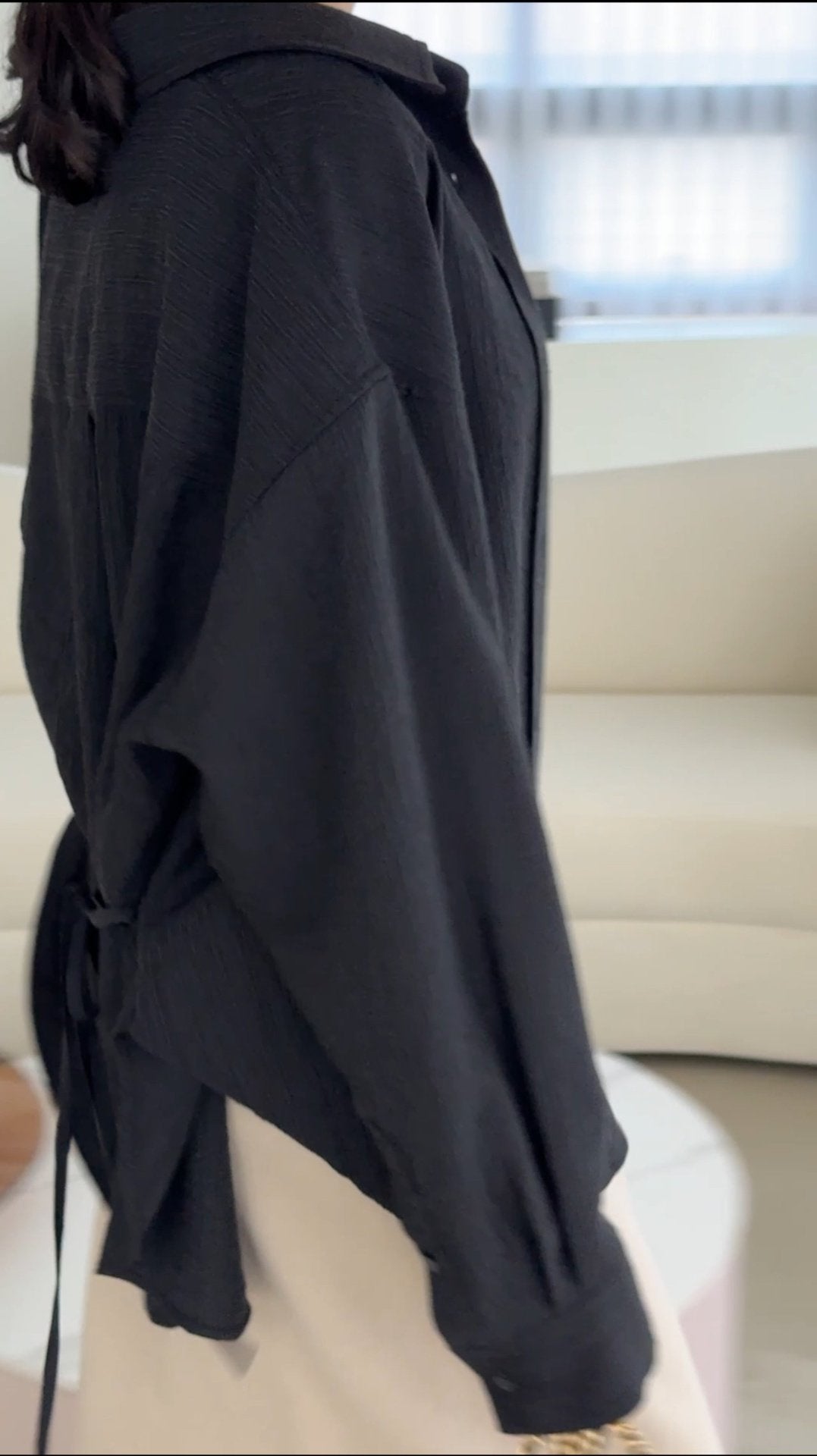 Wool-Tencel Crinkle Belted Overfit Shirt - Black