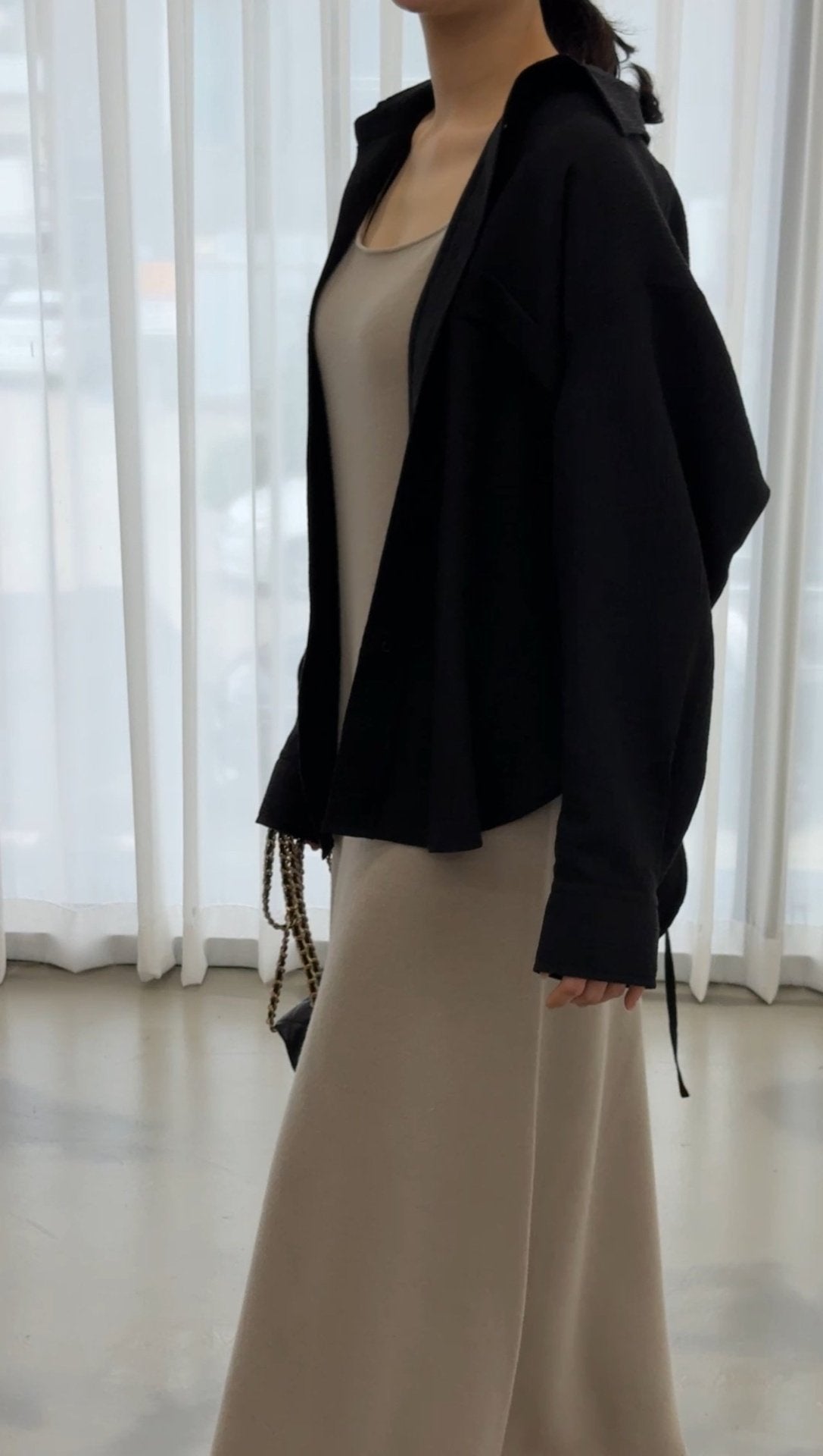 Wool-Tencel Crinkle Belted Overfit Shirt - Black