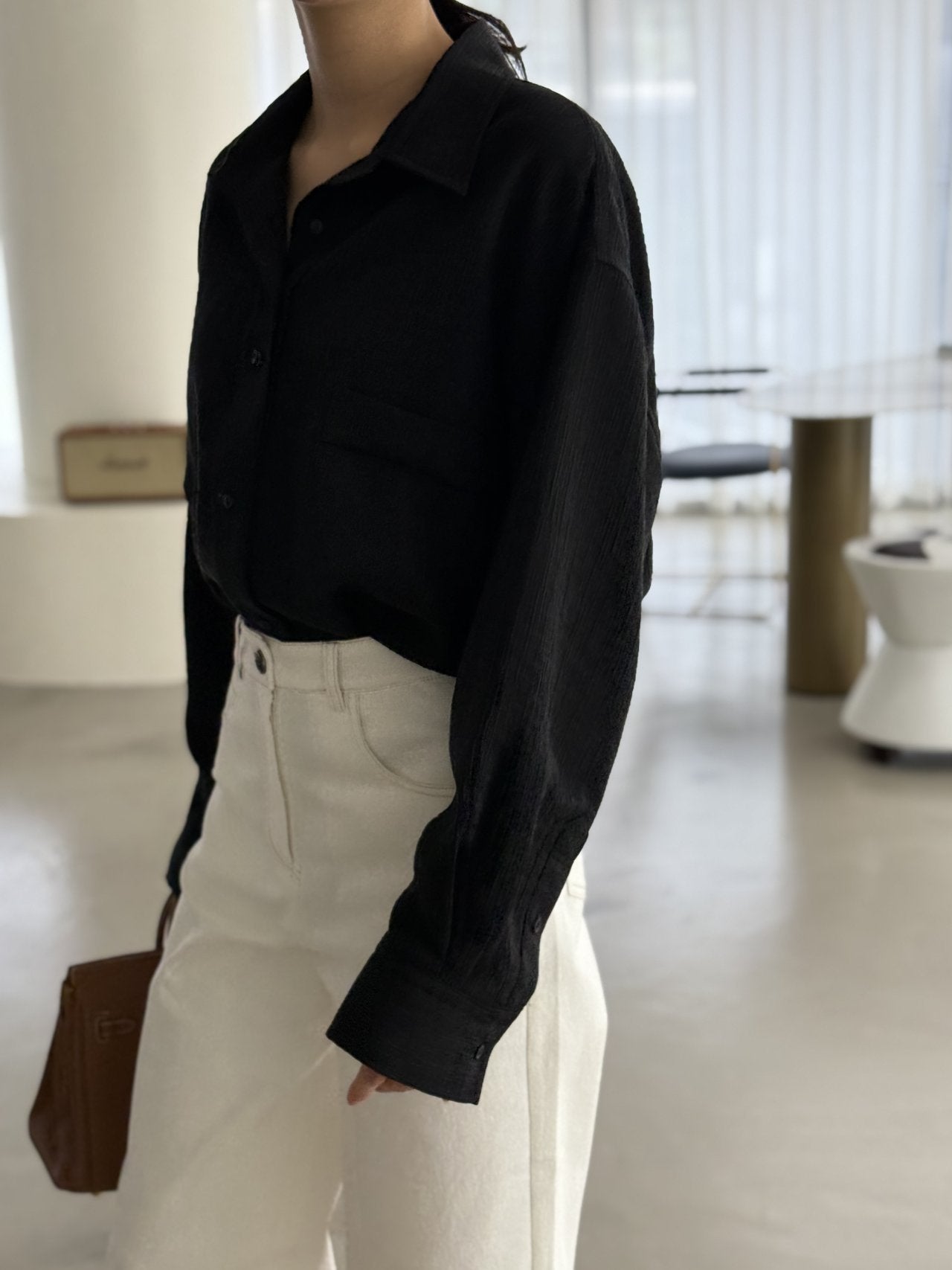 Wool-Tencel Crinkle Belted Overfit Shirt - Black