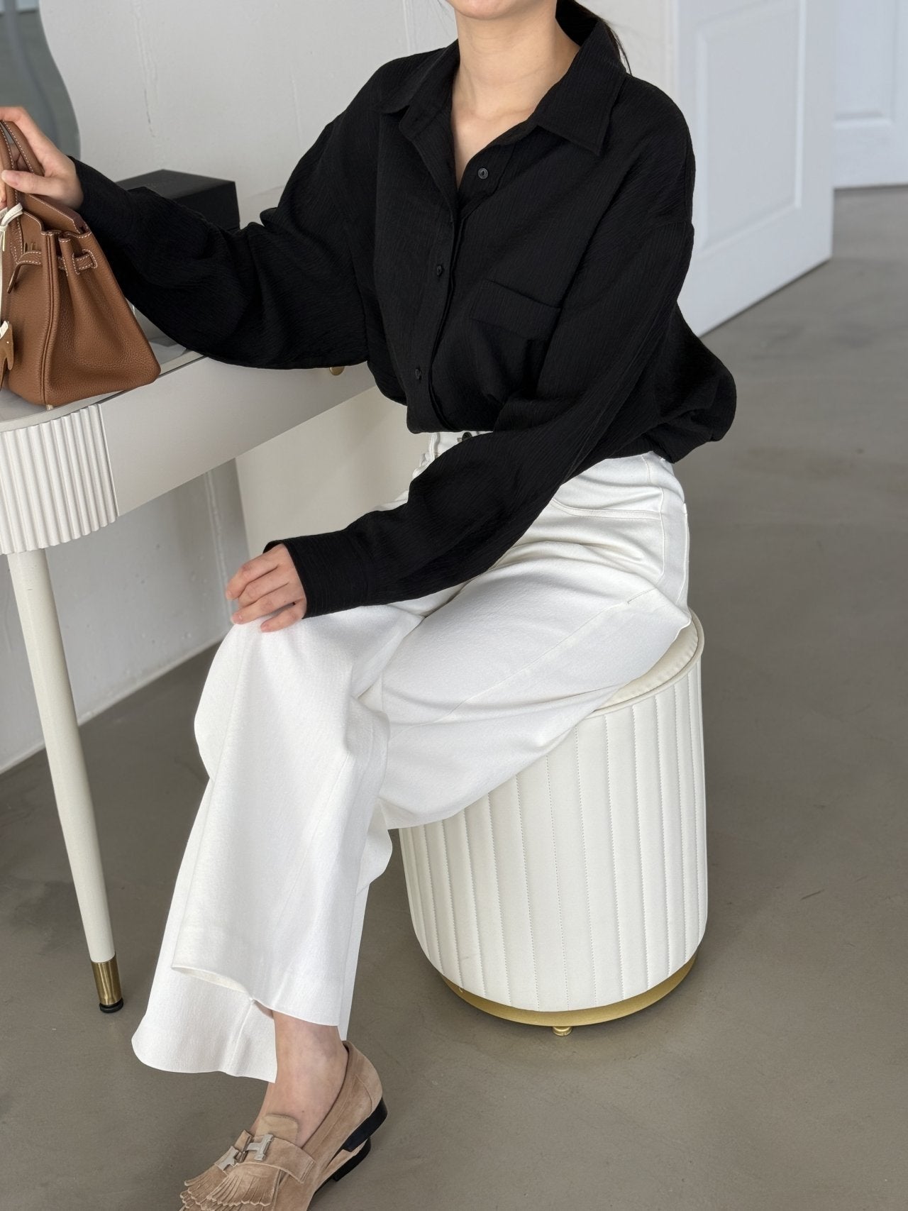 Wool-Tencel Crinkle Belted Overfit Shirt - Black