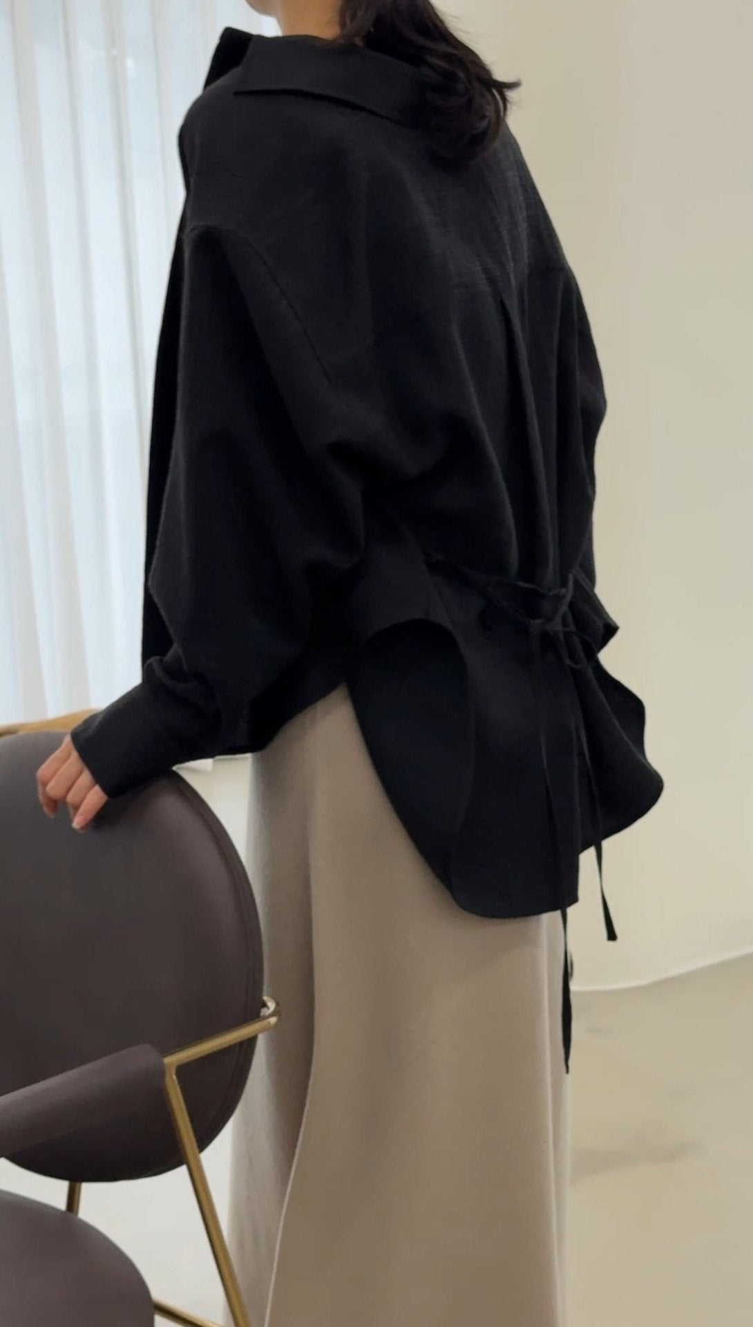 Wool-Tencel Crinkle Belted Overfit Shirt - Black