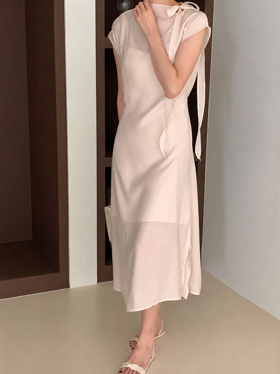 Ribbon Neck Tie Slit Dress