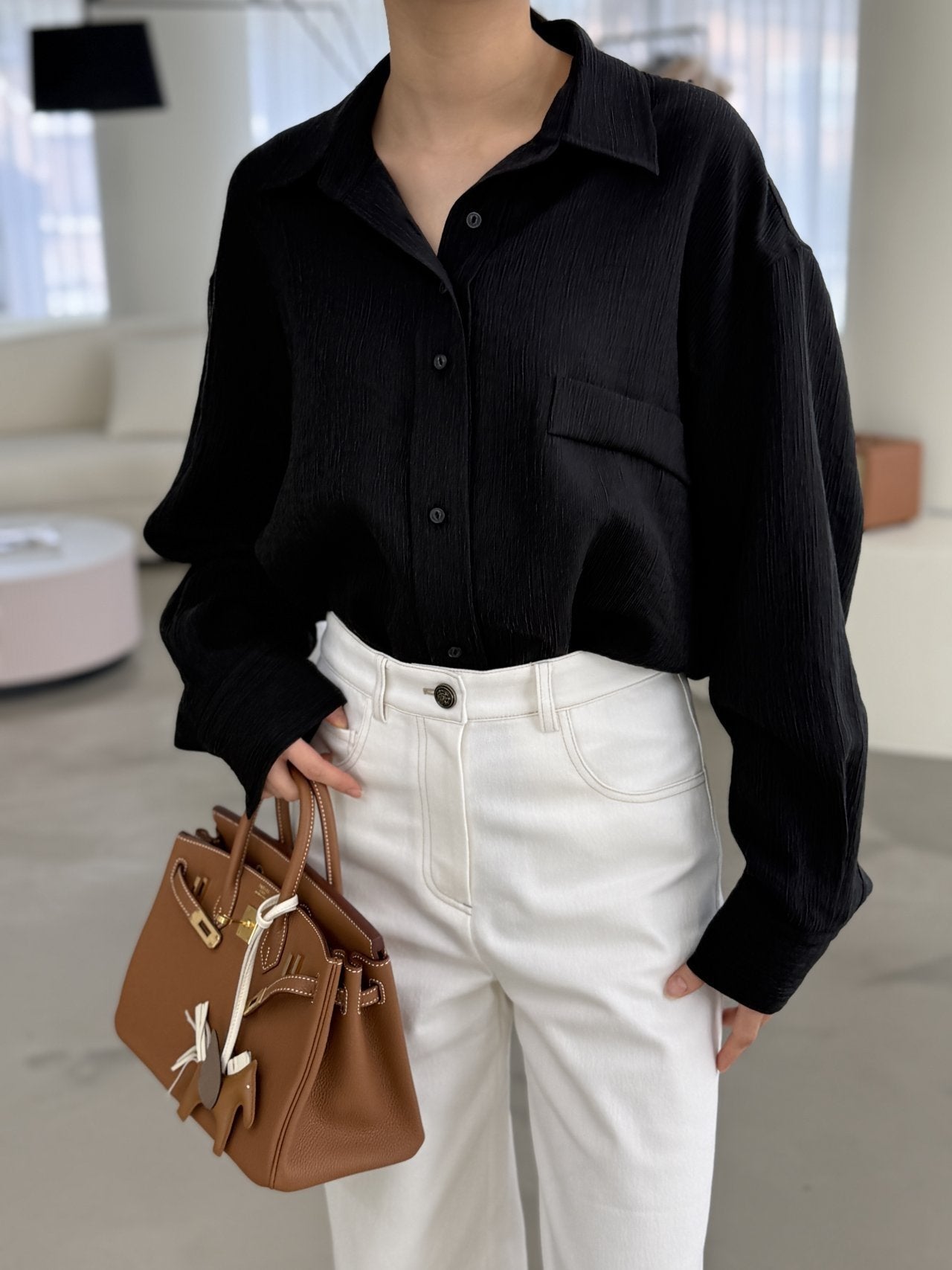 Wool-Tencel Crinkle Belted Overfit Shirt - Black