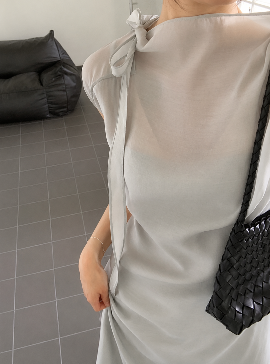 Ribbon Neck Tie Slit Dress