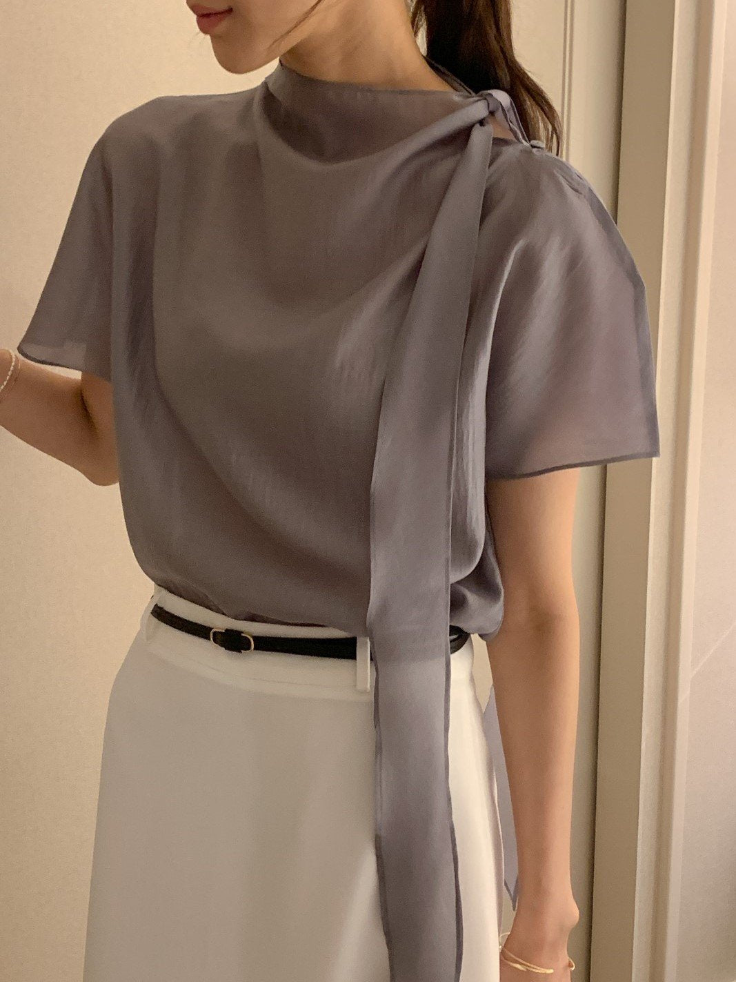 Tie Mock-Neck Blouse