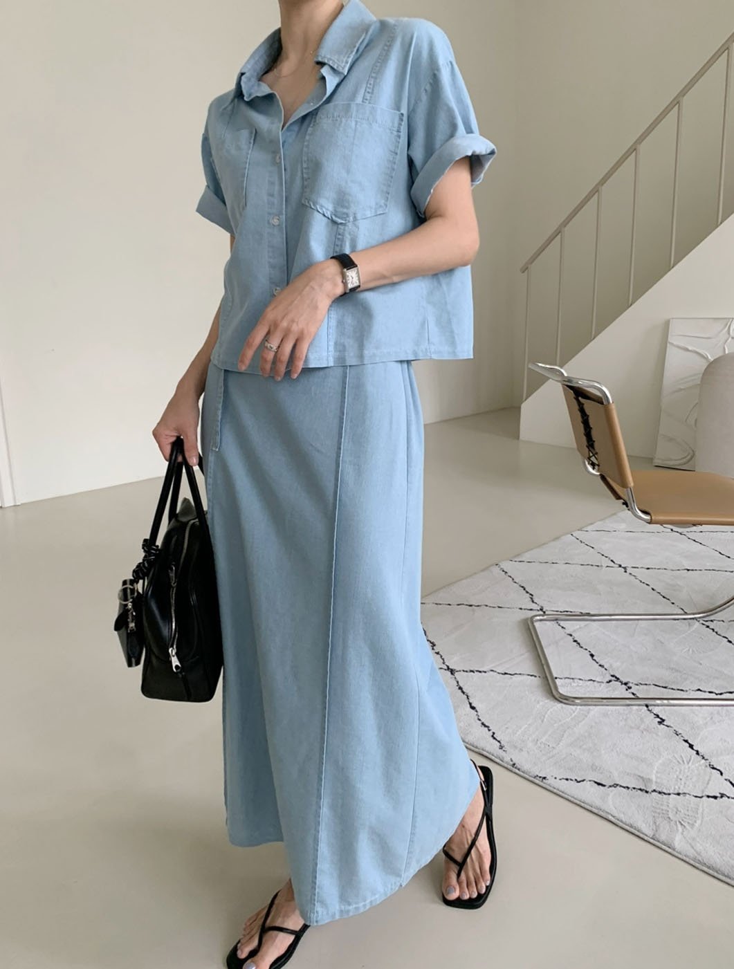 Short Sleeve Denim Shirt & Back-Band Denim Skirt set