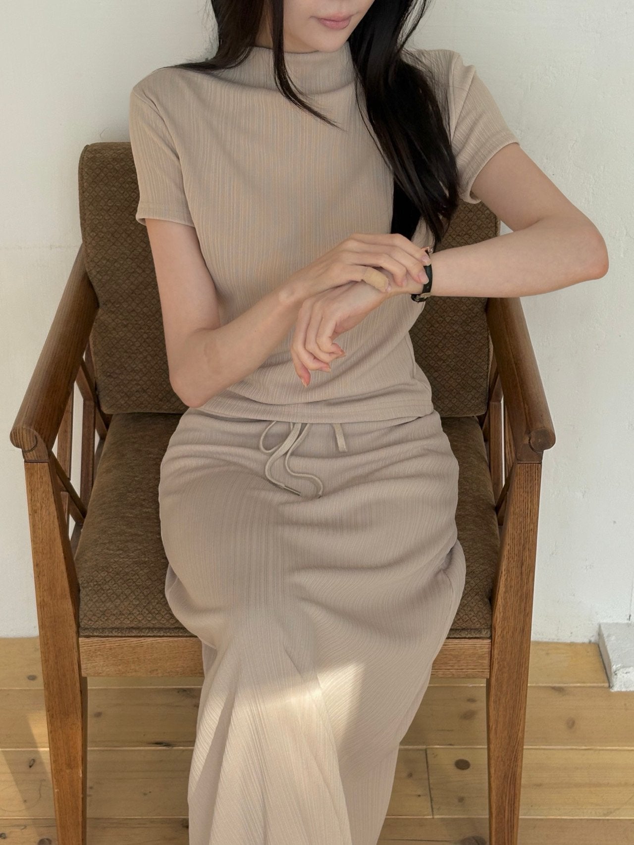 Wrinkle-Textured Half-Sleeve Top & Long Skirt Set
