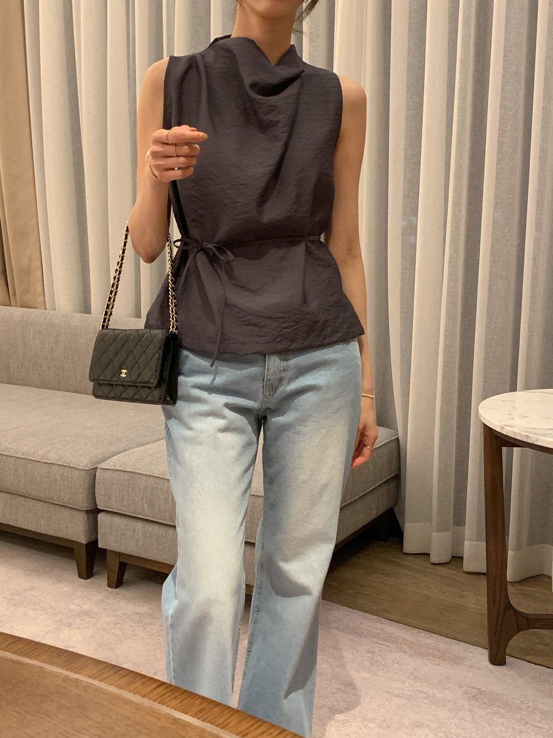 Cowl-Neck Shirring Sleeveless Blouse