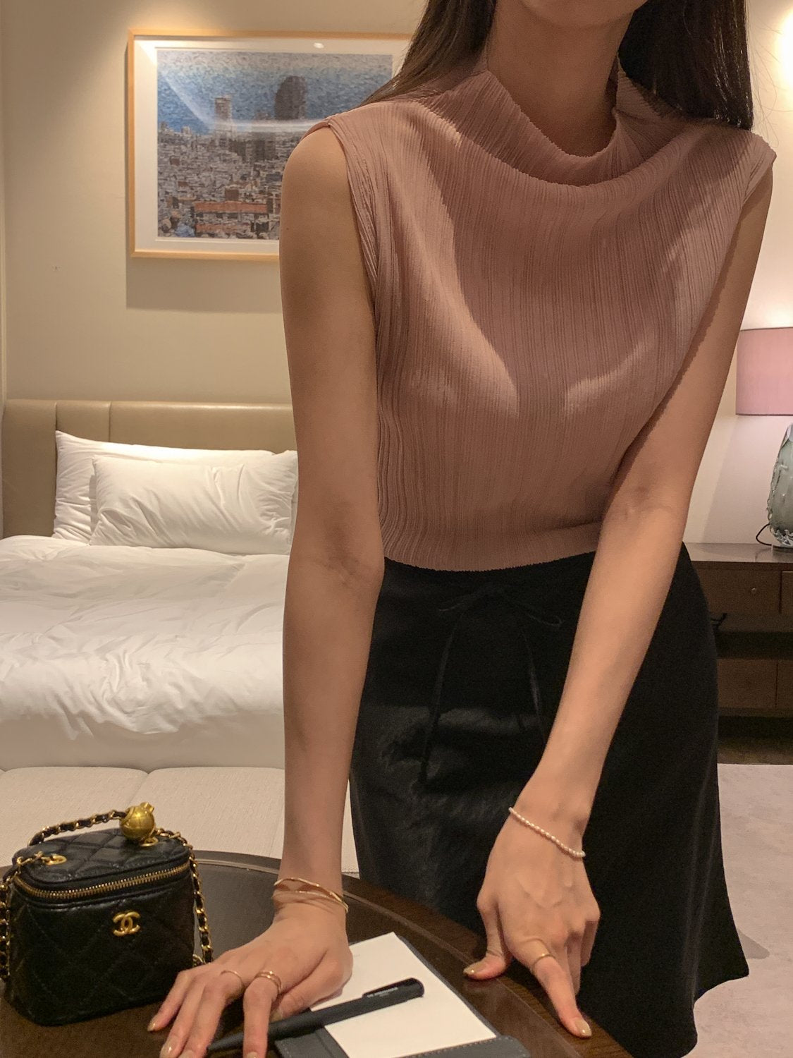 Pleated Mock-Neck Sleeveless Top
