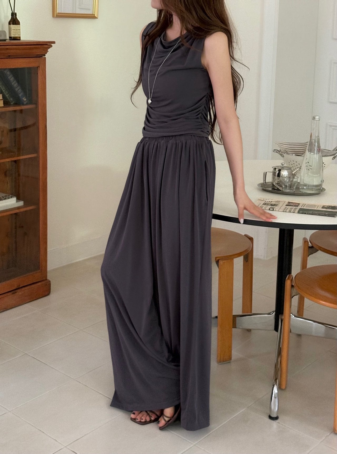 Draped Sleeveless & Wide-Leg Pants Set