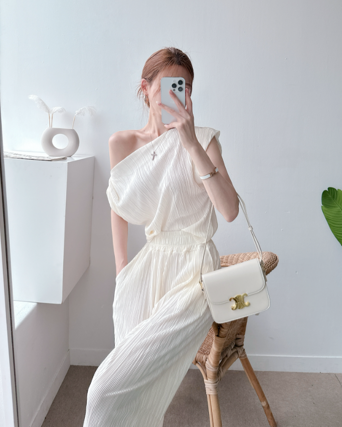 Pleated Off-Shoulder Cap Sleeve Top & Wide Pants Set