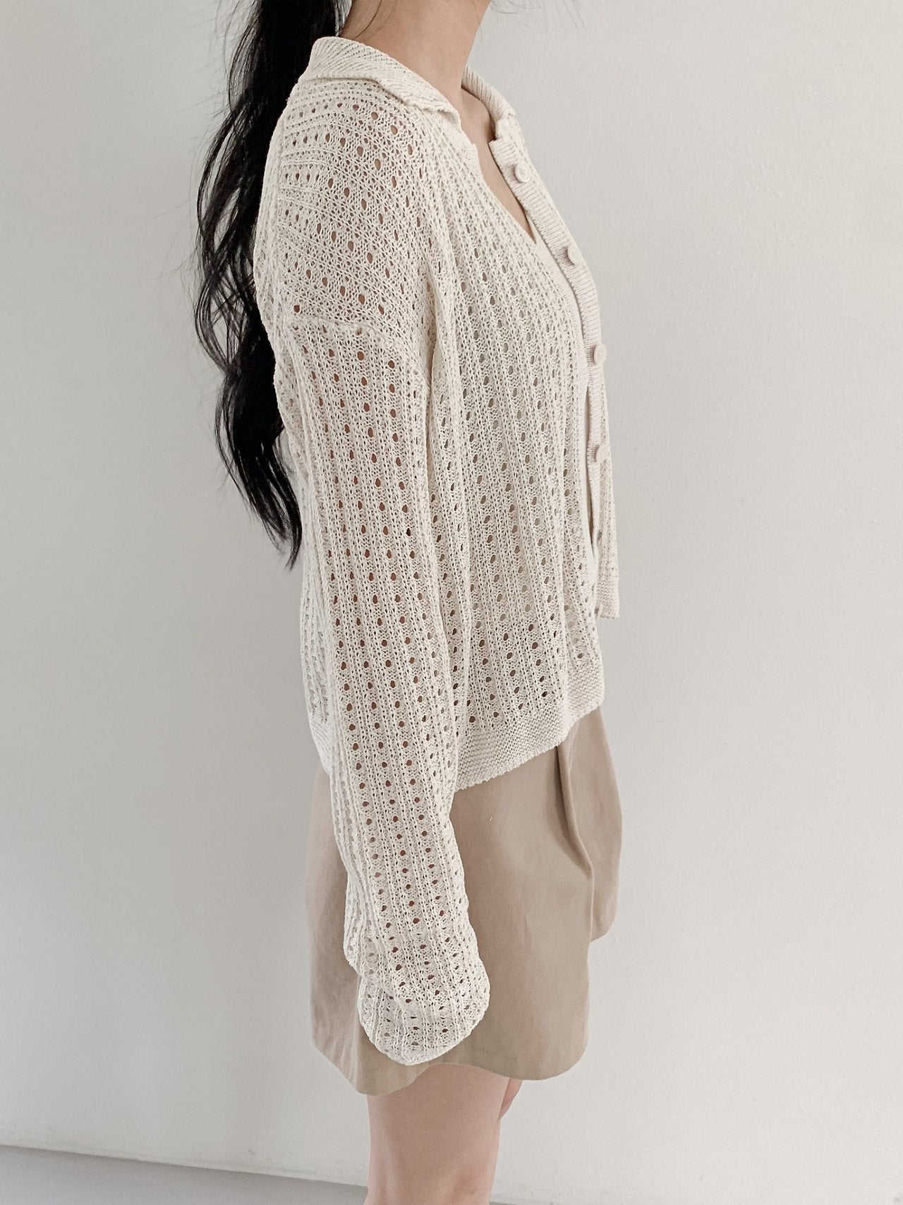 Linen-Cotton Perforated Collar Cardigan