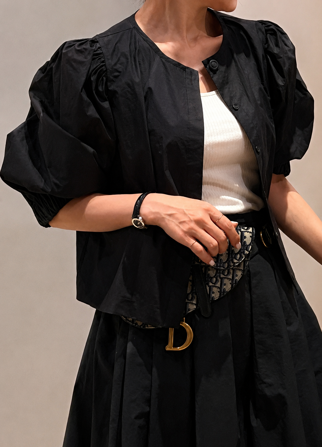 Volume Puff Sleeve Semi-Cropped Blouse & Cardigan