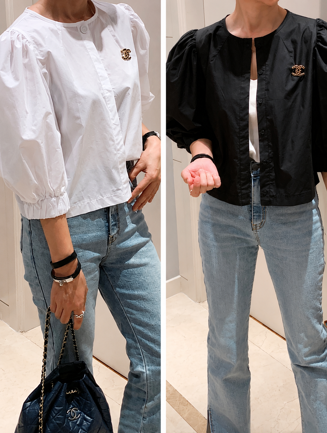 Volume Puff Sleeve Semi-Cropped Blouse & Cardigan