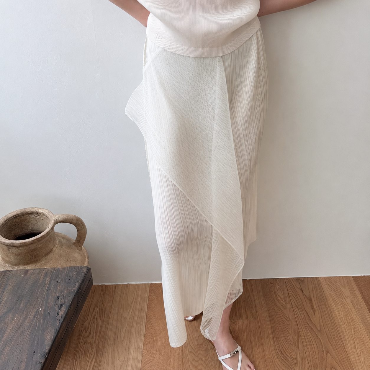 Sheer Wrap Pleated Skirt