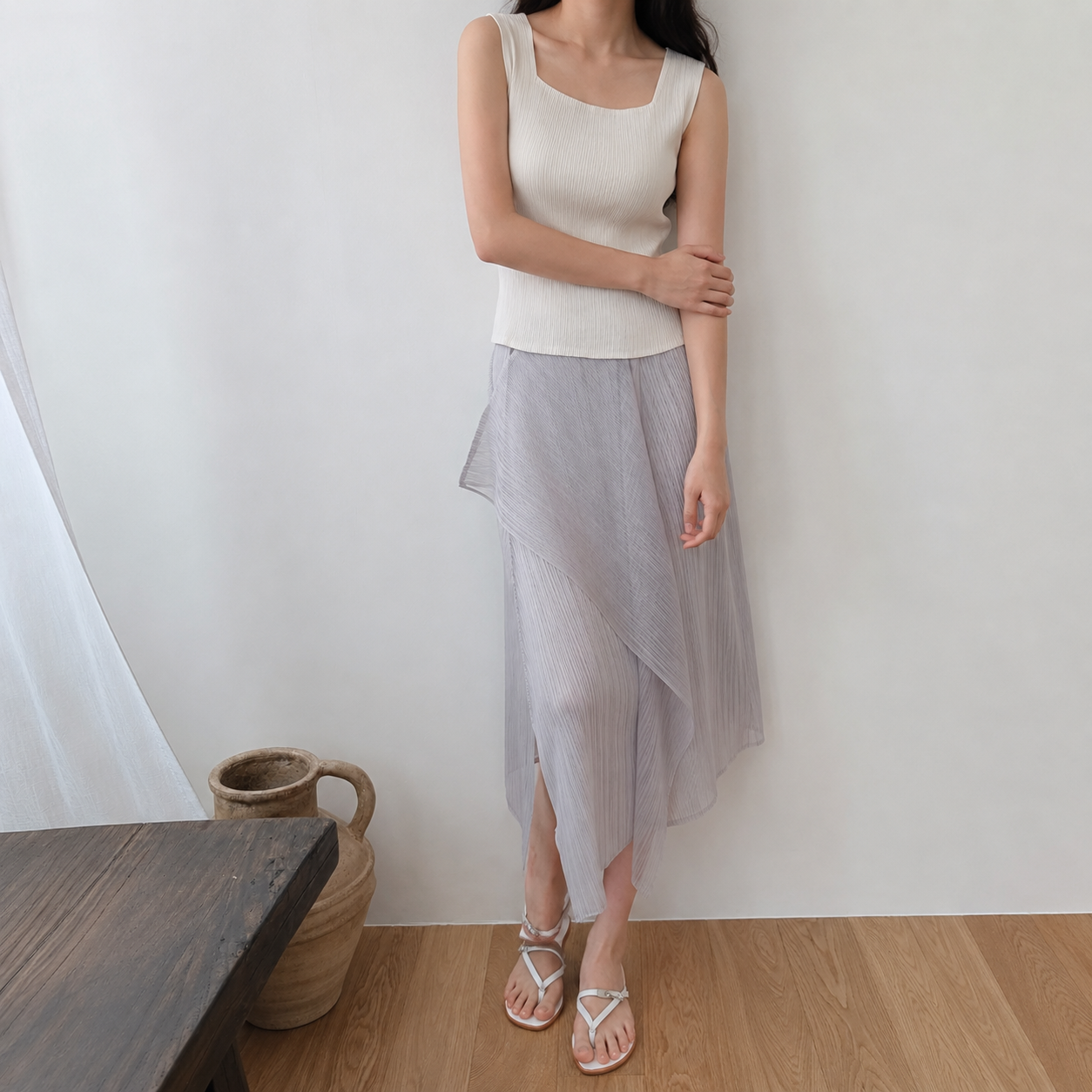 Sheer Wrap Pleated Skirt