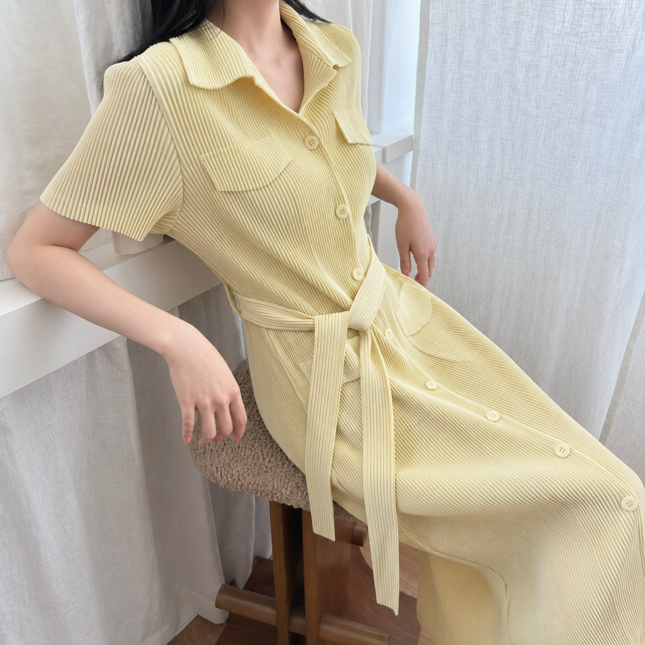 Pleated Short-Sleeve Pocket Dress
