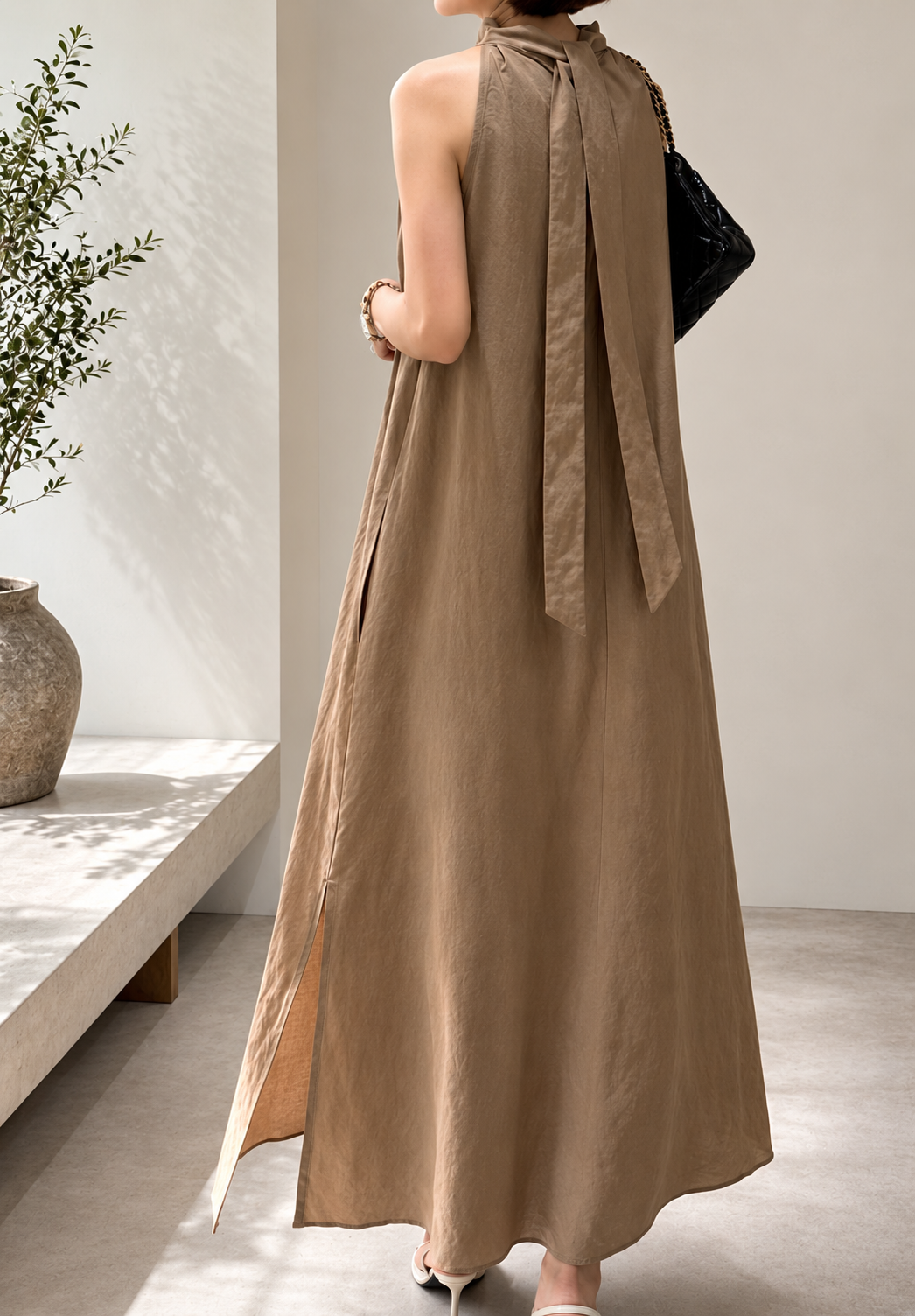 Linen Halter Slit Maxi Dress