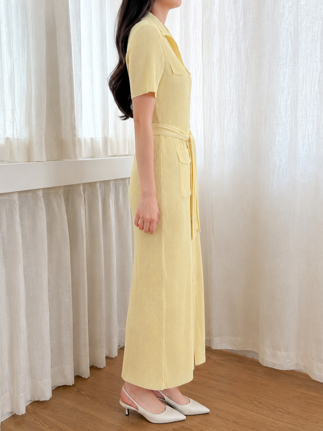 Pleated Short-Sleeve Pocket Dress