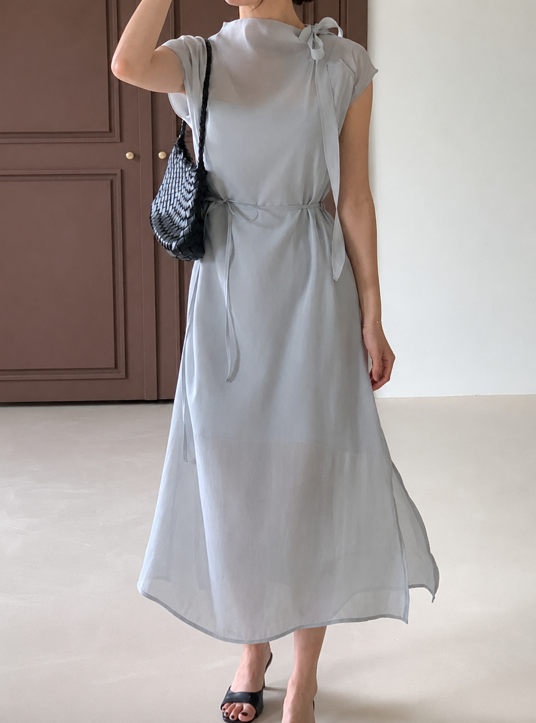 Ribbon Neck Tie Slit Dress