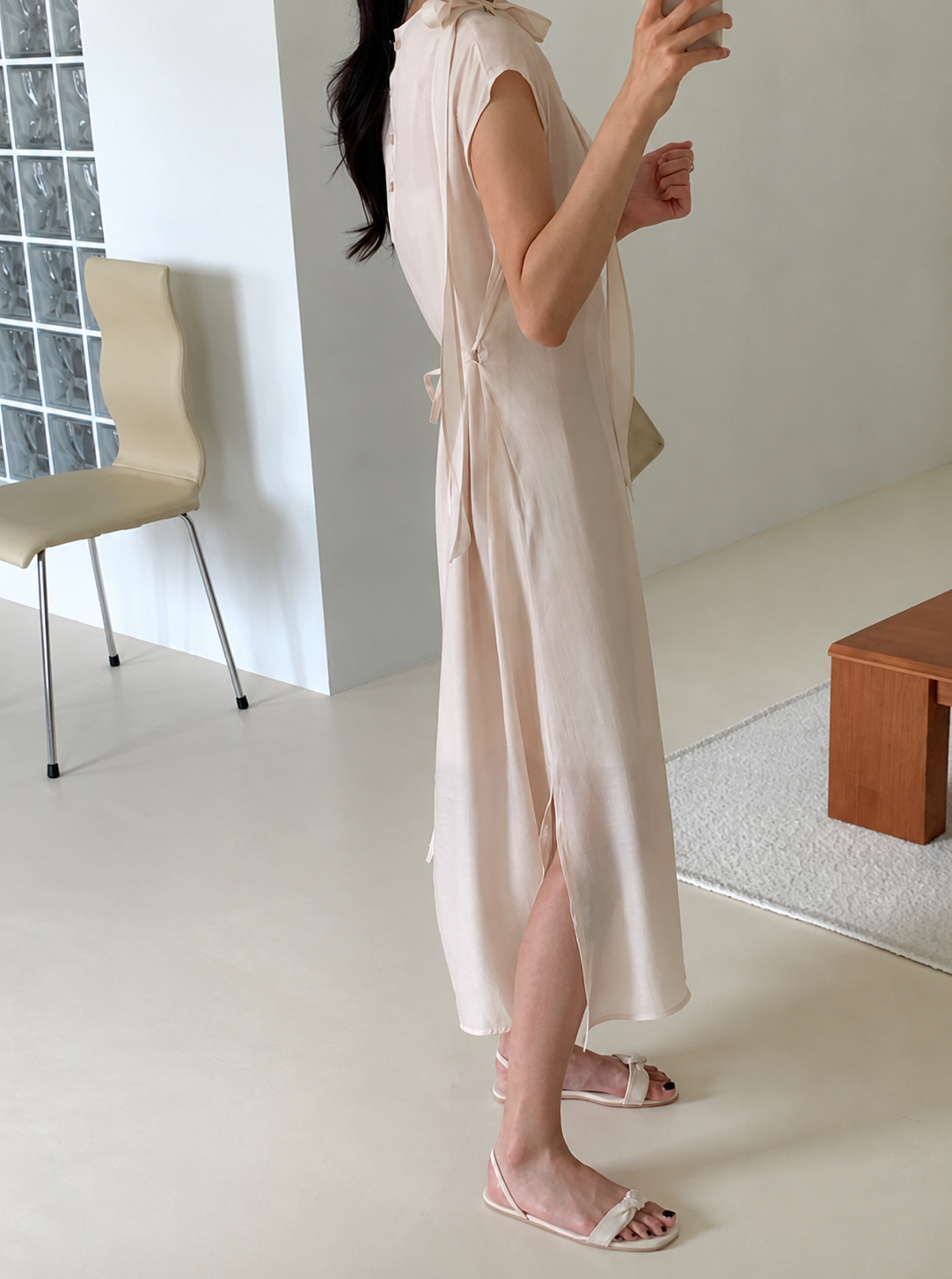 Ribbon Neck Tie Slit Dress