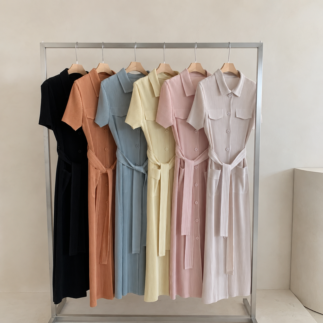 Pleated Short-Sleeve Pocket Dress