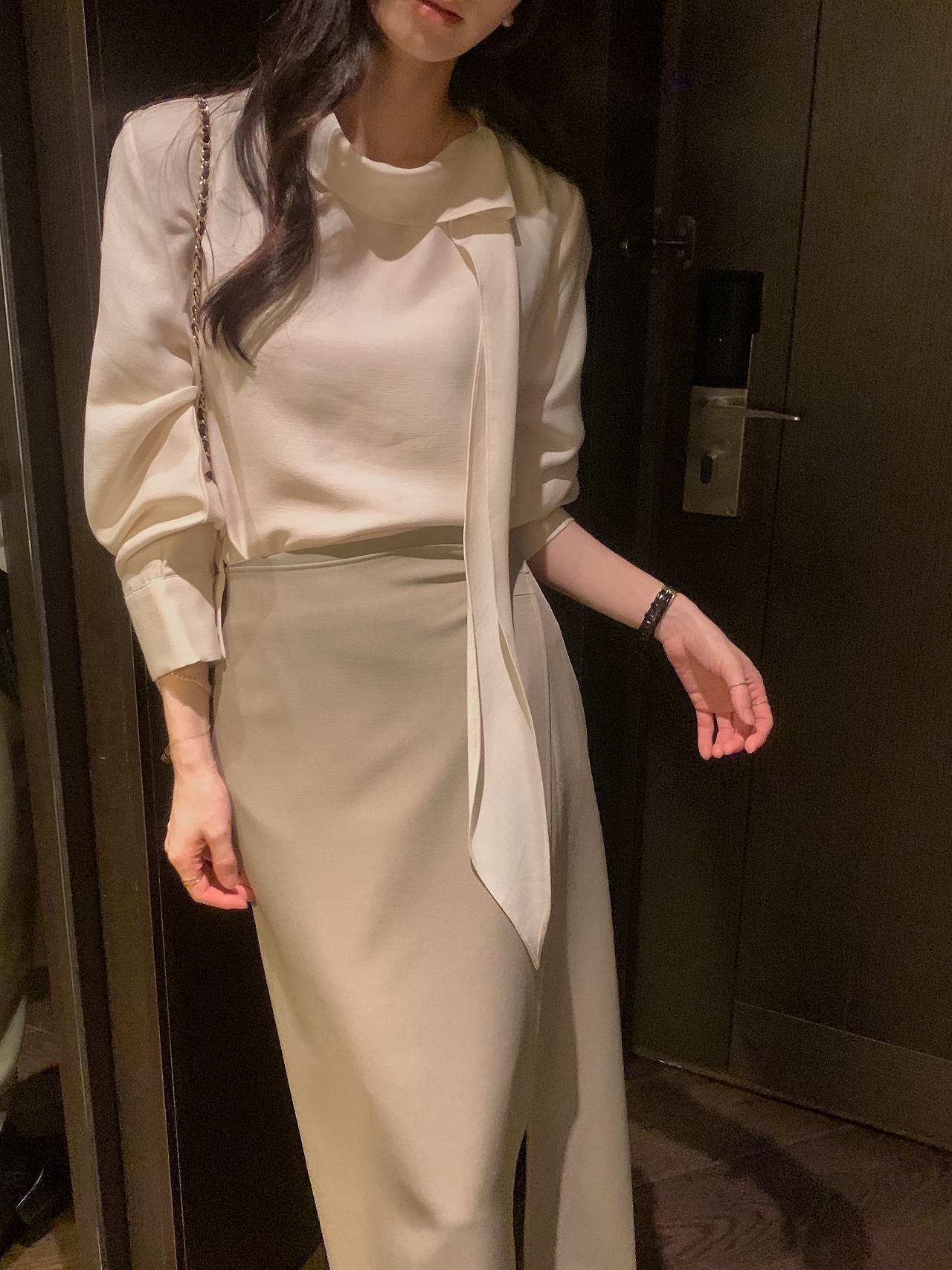 Lustre Tie Wool Blend Blouse