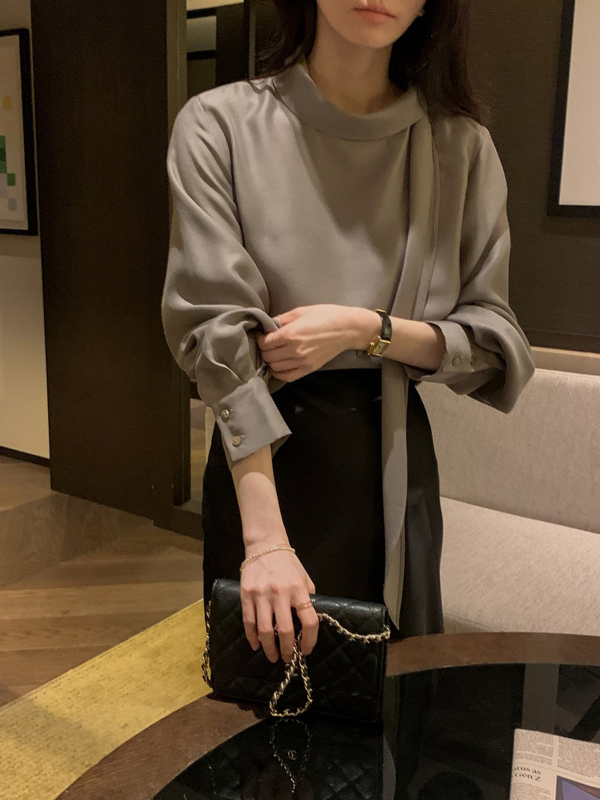 Lustre Tie Wool Blend Blouse