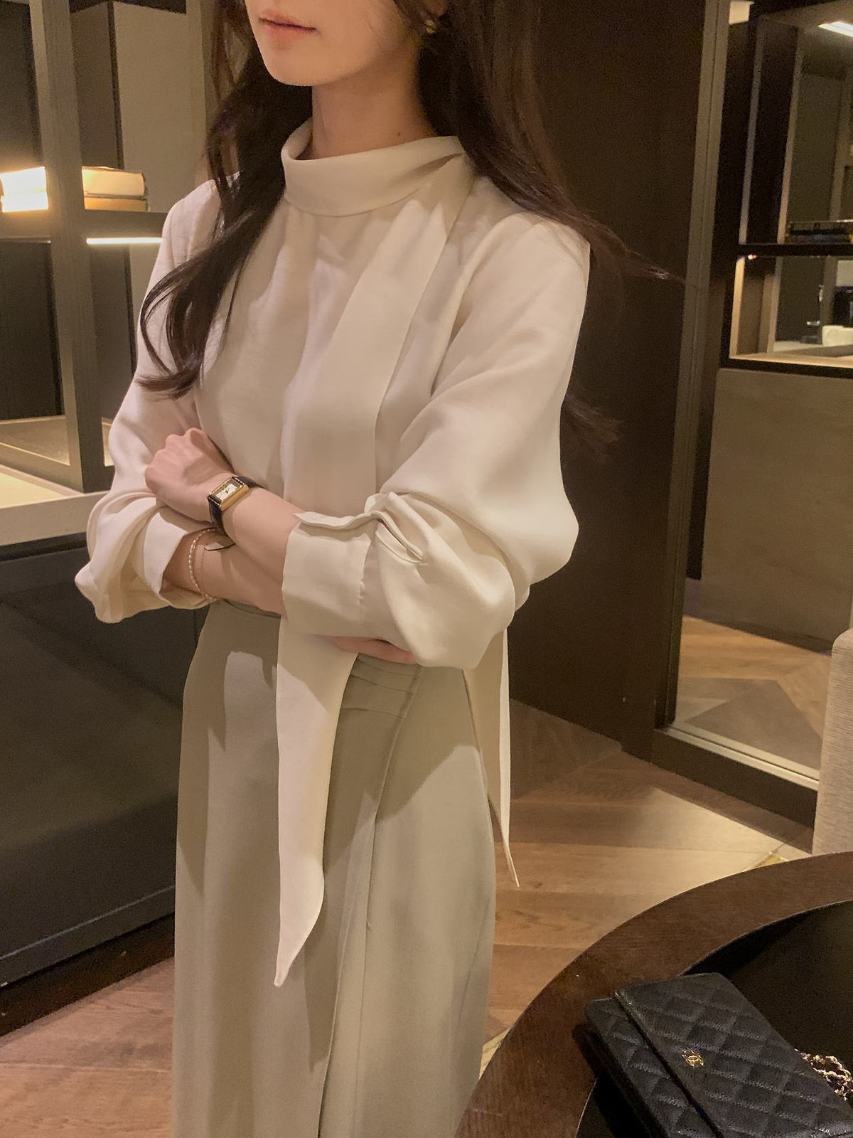 Lustre Tie Wool Blend Blouse