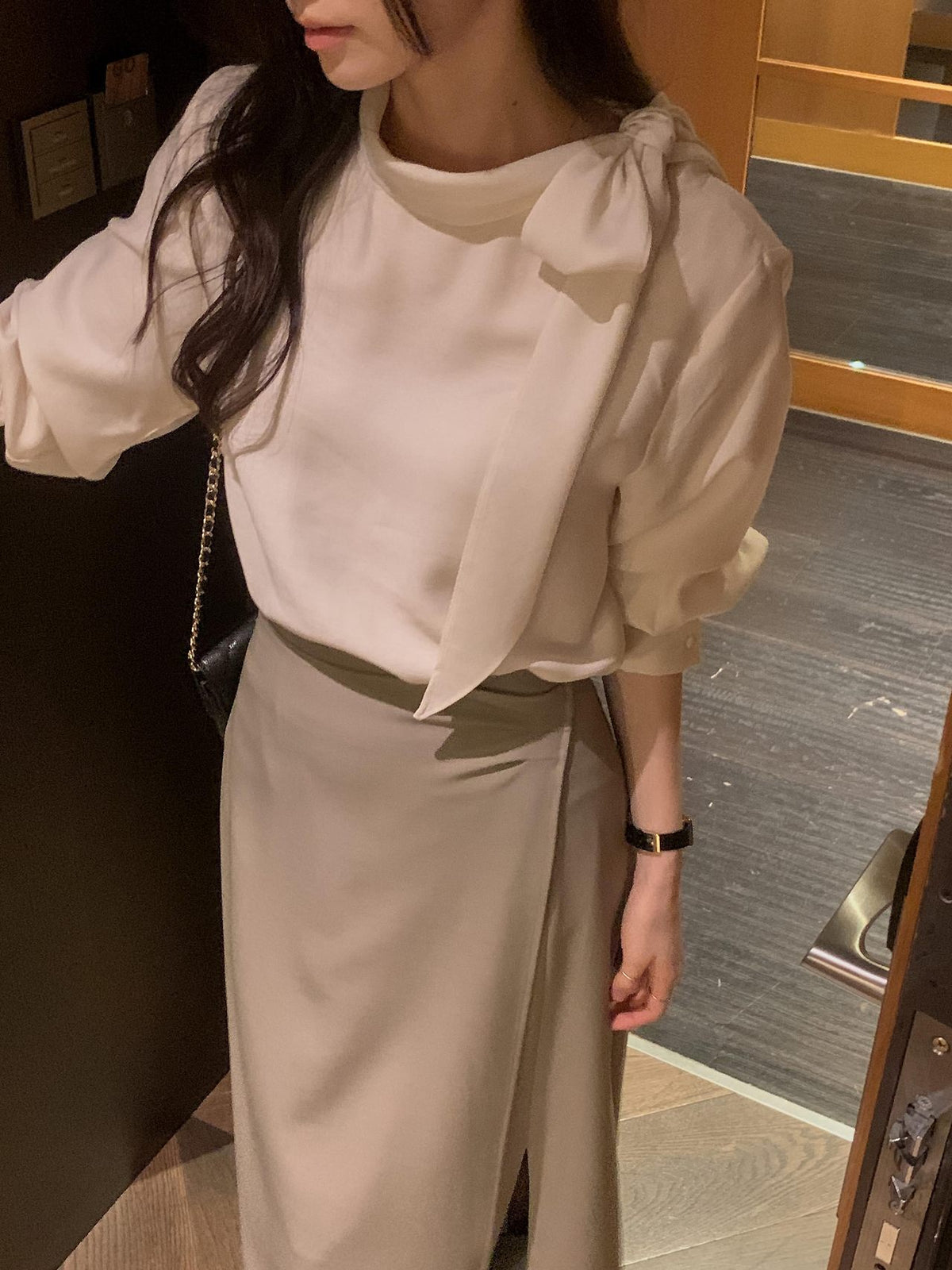 Lustre Tie Wool Blend Blouse