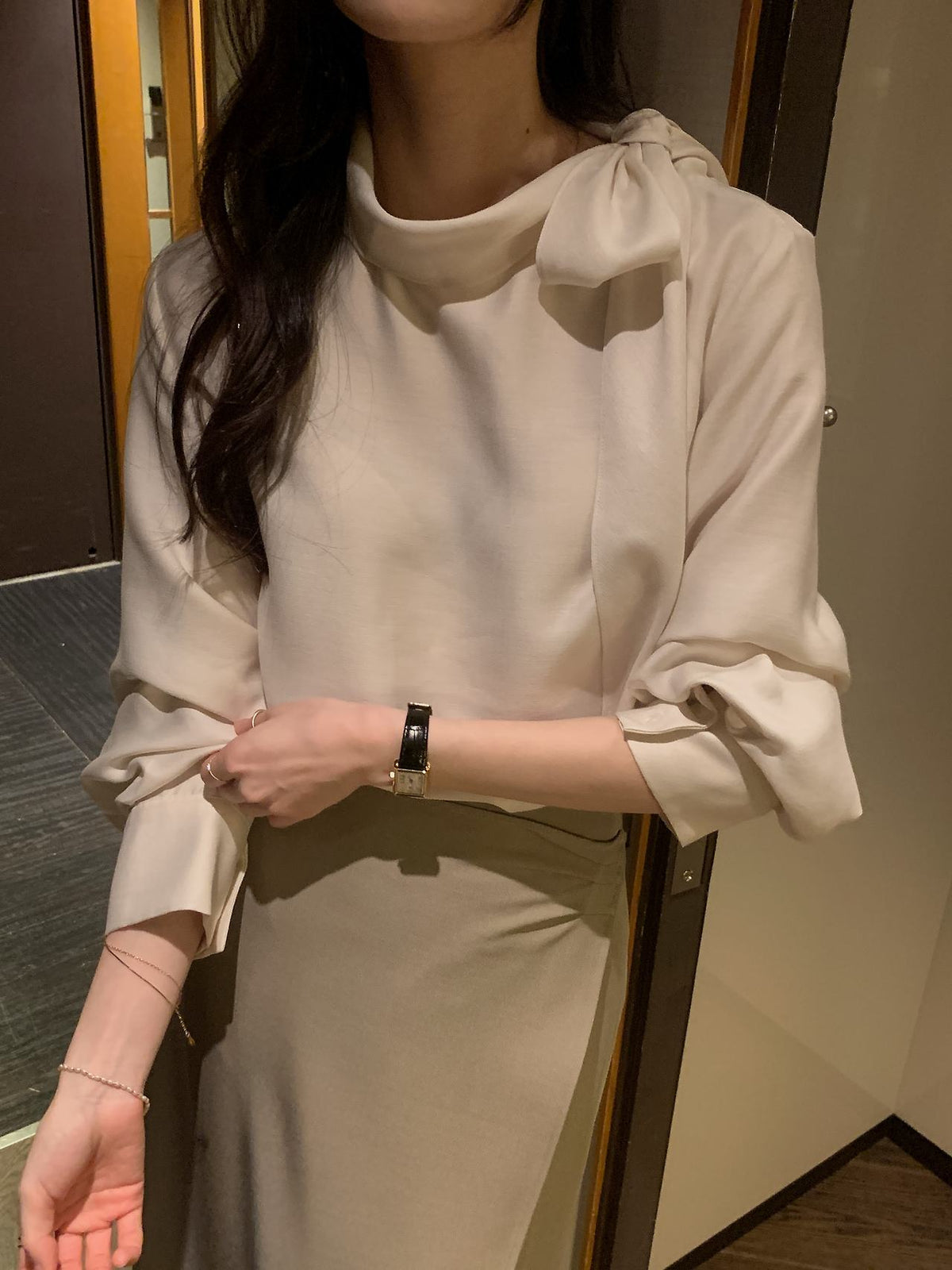 Lustre Tie Wool Blend Blouse